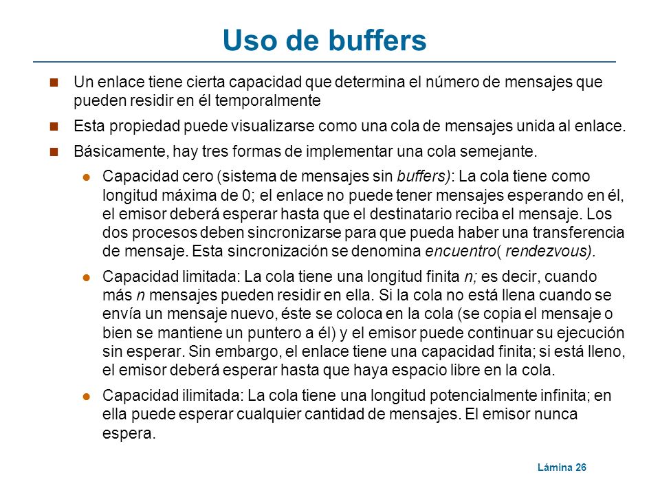 Uso de buffers Un enlace tiene cierta capacidad que determina el número de mensajes que pueden residir en él temporalmente.