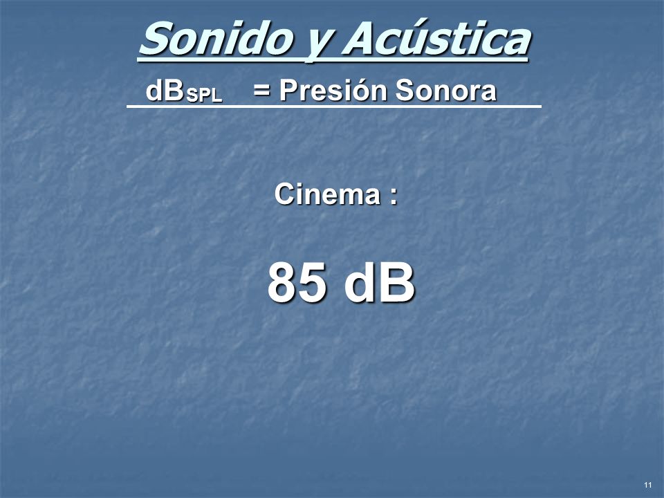 Sonido y Acústica dB = Presión Sonora SPL Cinema : 85 dB