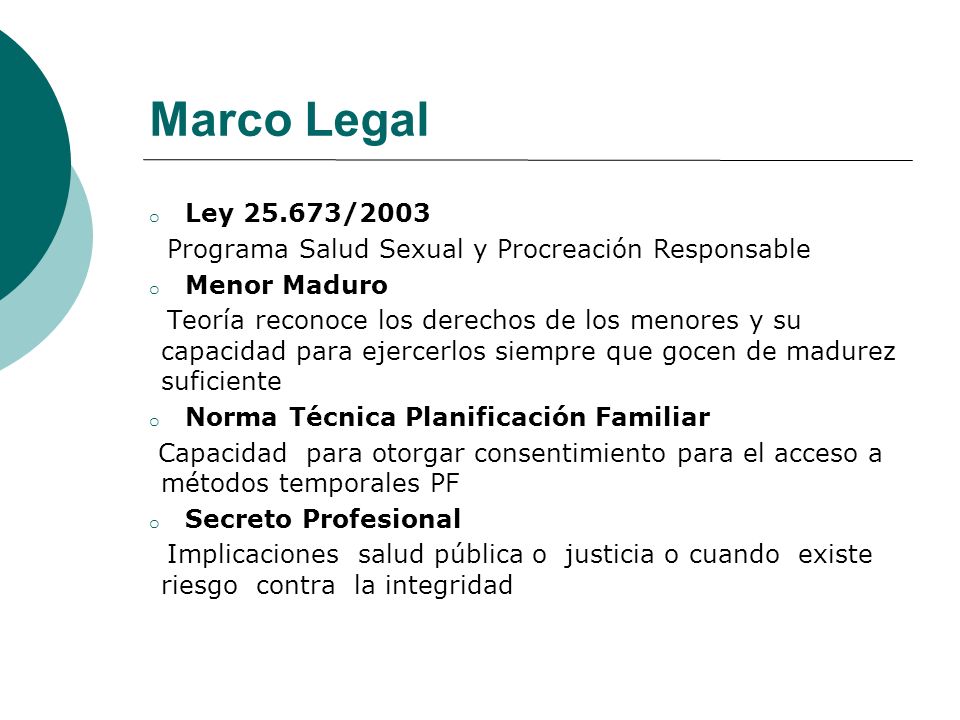 Marco Legal Ley /2003. Programa Salud Sexual y Procreación Responsable. Menor Maduro.