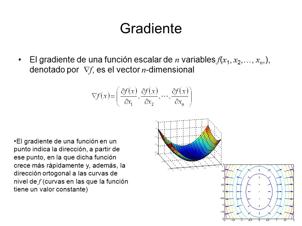 Gradiente El gradiente de una función escalar de n variables f(x1, x2,…, xn,), denotado por f, es el vector n-dimensional.