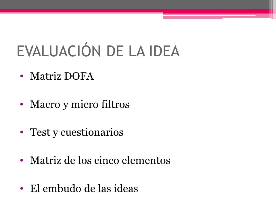 EVALUACIÓN DE LA IDEA Matriz DOFA Macro y micro filtros