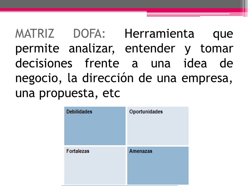 MATRIZ DOFA: Herramienta que permite analizar, entender y tomar decisiones frente a una idea de negocio, la dirección de una empresa, una propuesta, etc