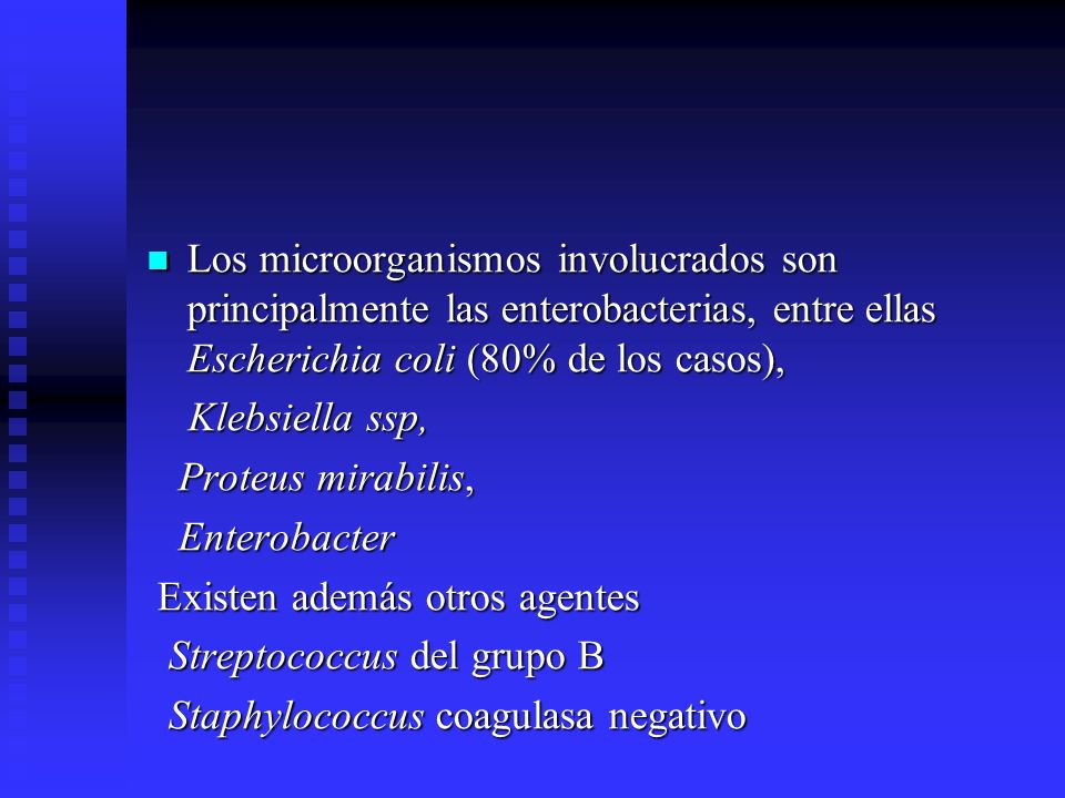 Los microorganismos involucrados son principalmente las enterobacterias, entre ellas Escherichia coli (80% de los casos),