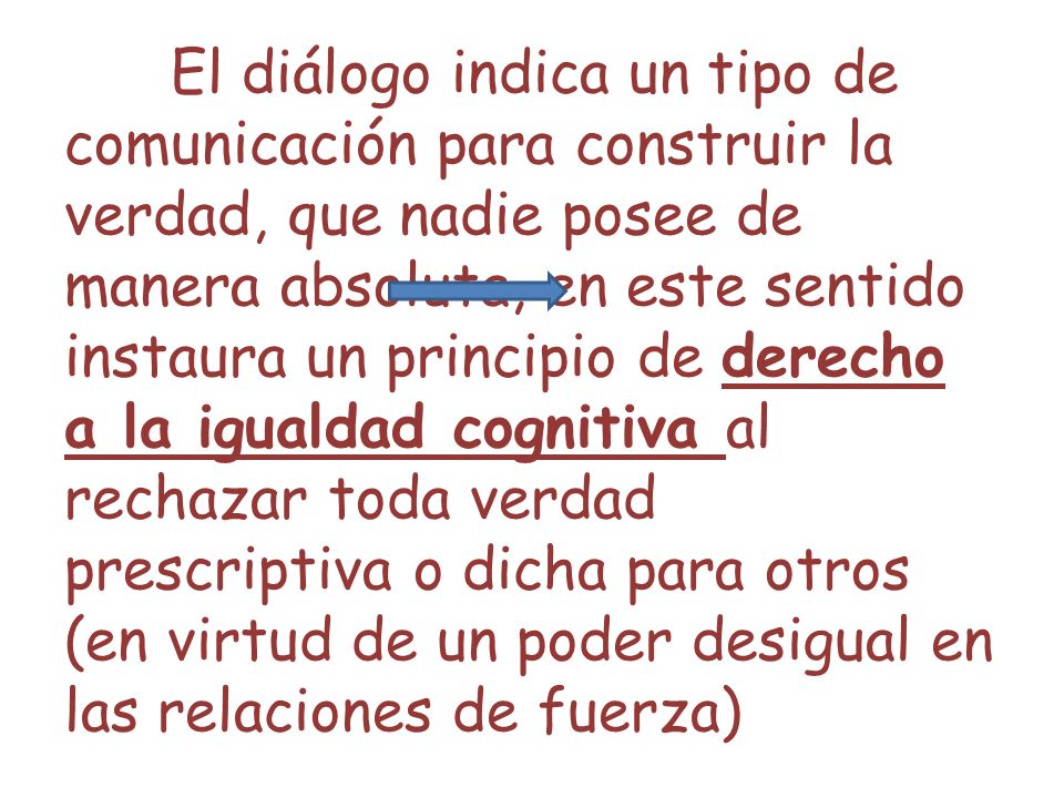 El diálogo indica un tipo de comunicación para construir la verdad, que nadie posee de manera absoluta, en este sentido instaura un principio de derecho a la igualdad cognitiva al rechazar toda verdad prescriptiva o dicha para otros (en virtud de un poder desigual en las relaciones de fuerza)