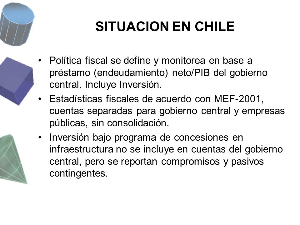 SITUACION EN CHILE Política fiscal se define y monitorea en base a préstamo (endeudamiento) neto/PIB del gobierno central. Incluye Inversión.
