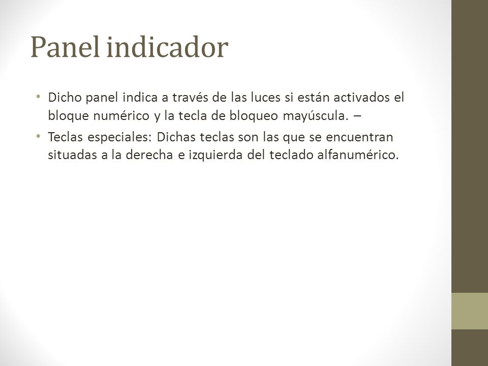 Panel indicador Dicho panel indica a través de las luces si están activados el bloque numérico y la tecla de bloqueo mayúscula. –