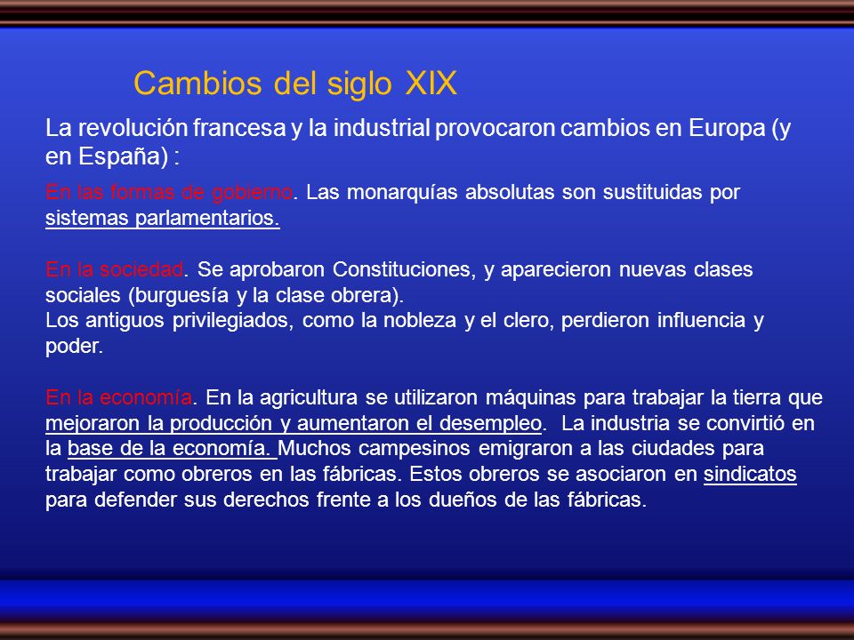 Cambios del siglo XIX La revolución francesa y la industrial provocaron cambios en Europa (y en España) :