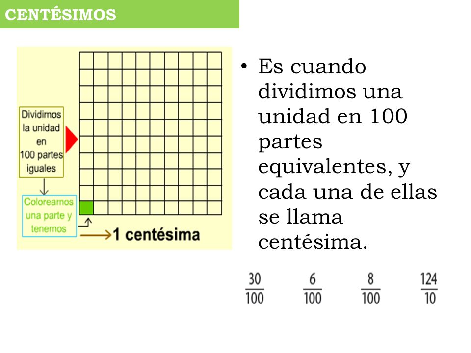 CENTÉSIMOS Es cuando dividimos una unidad en 100 partes equivalentes, y cada una de ellas se llama centésima.