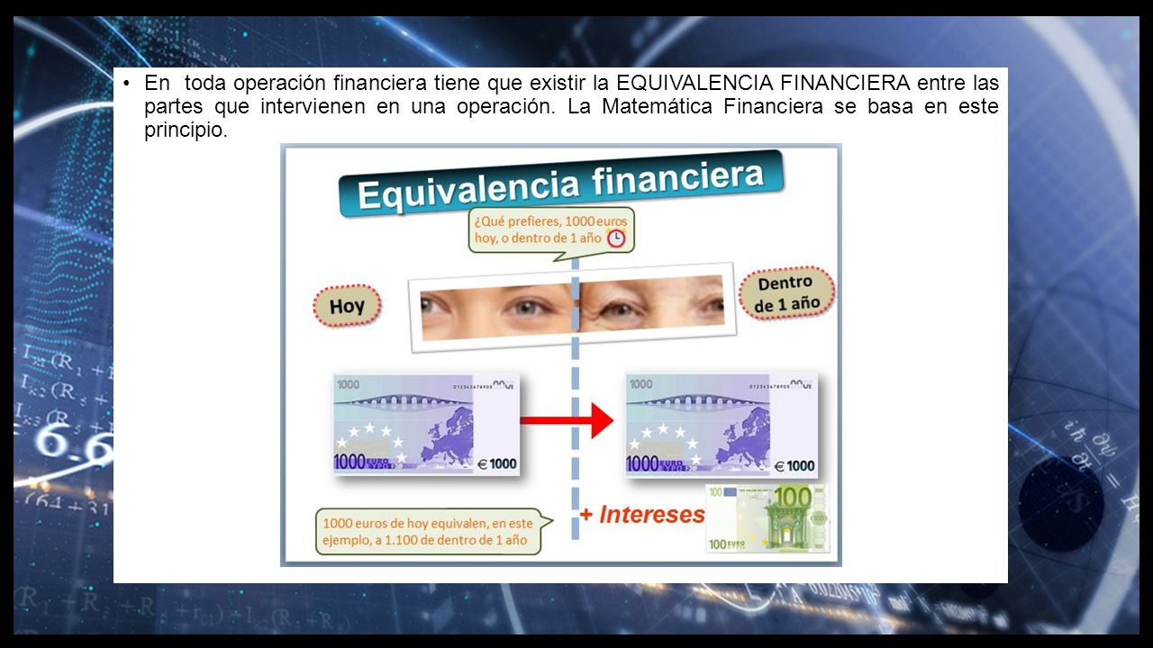 En toda operación financiera tiene que existir la EQUIVALENCIA FINANCIERA entre las partes que intervienen en una operación.