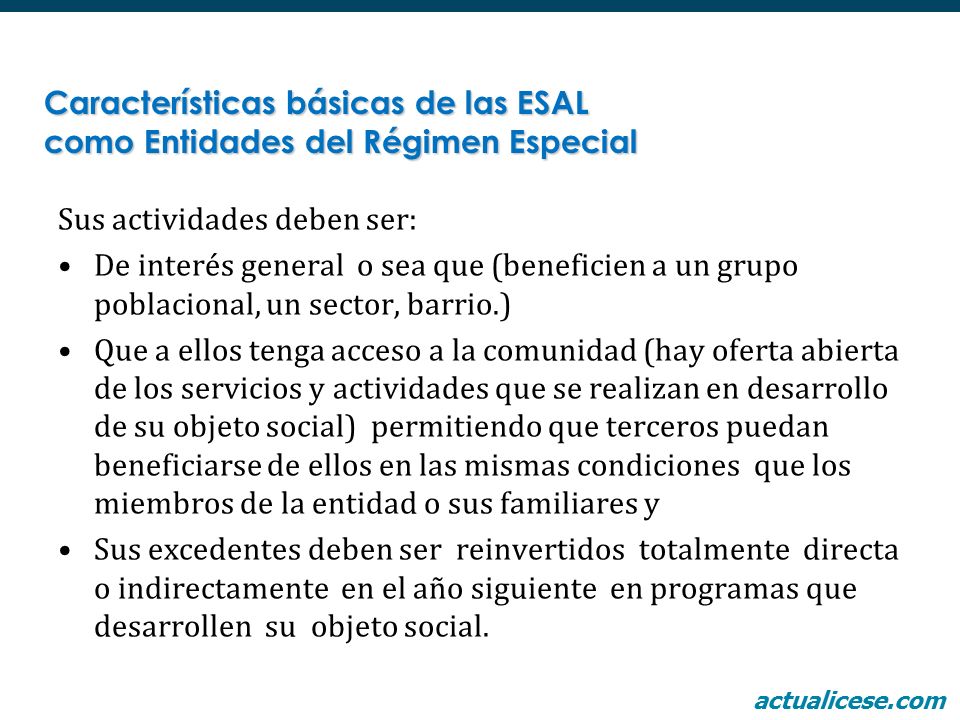 Características básicas de las ESAL como Entidades del Régimen Especial