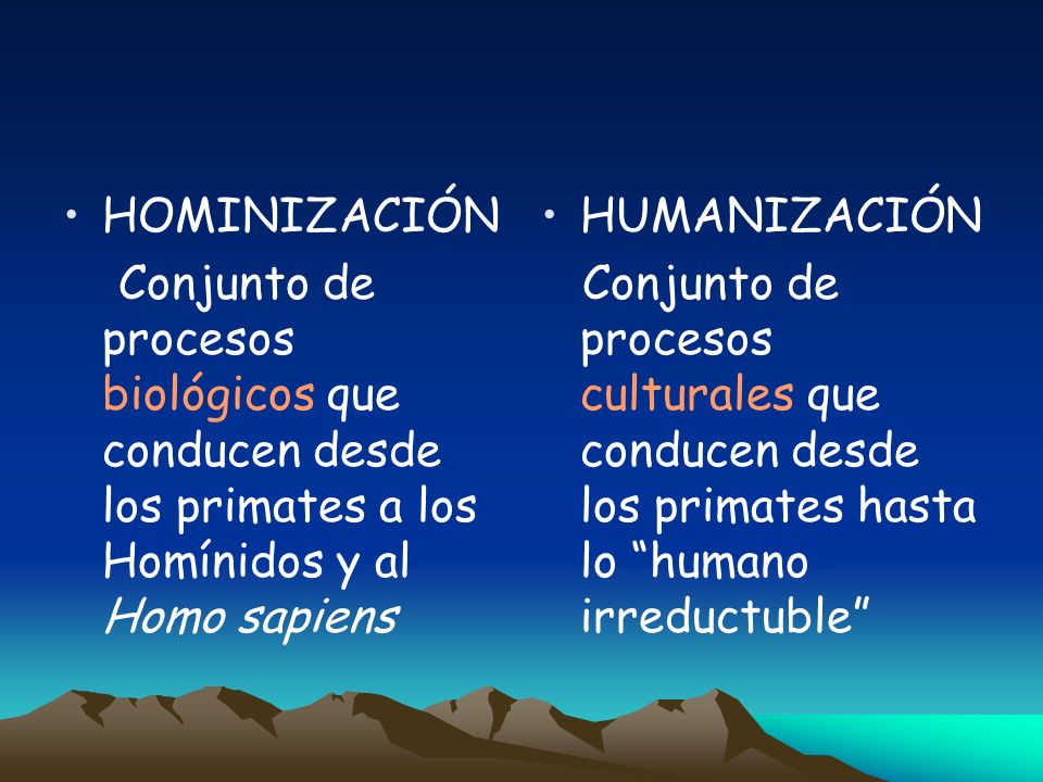 HOMINIZACIÓN Conjunto de procesos biológicos que conducen desde los primates a los Homínidos y al Homo sapiens.