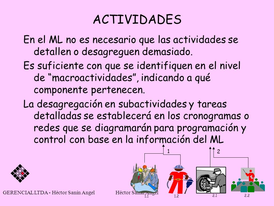ACTIVIDADES En el ML no es necesario que las actividades se detallen o desagreguen demasiado.