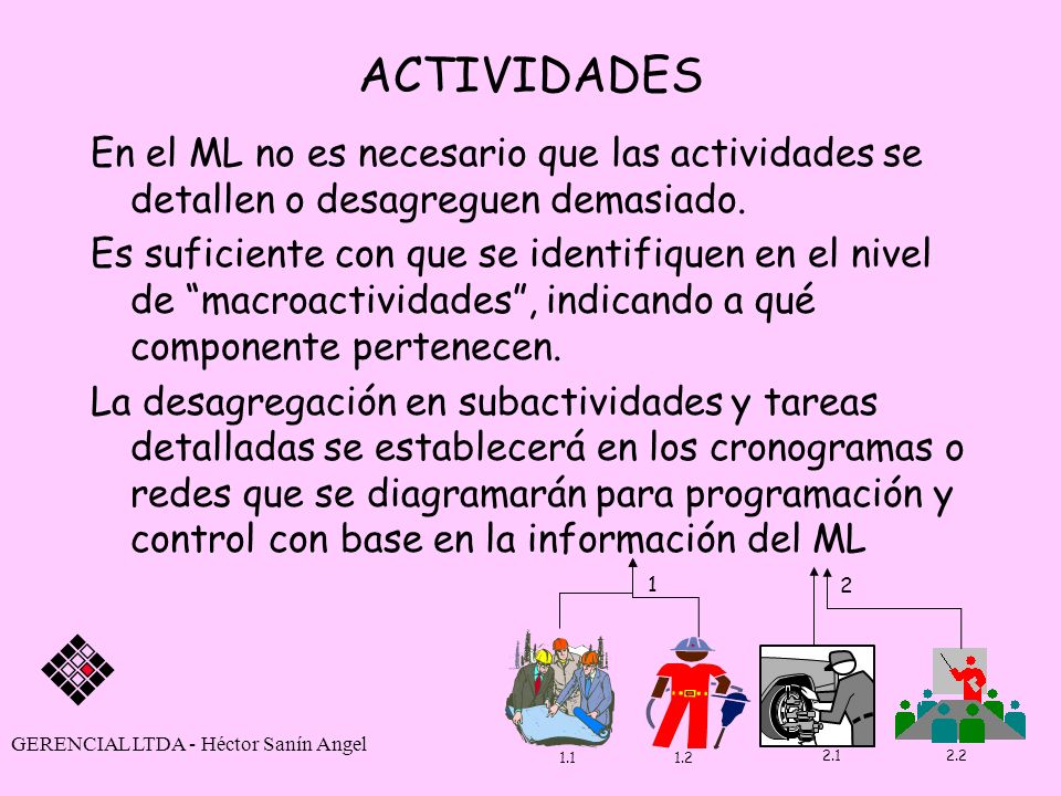 ACTIVIDADES En el ML no es necesario que las actividades se detallen o desagreguen demasiado.