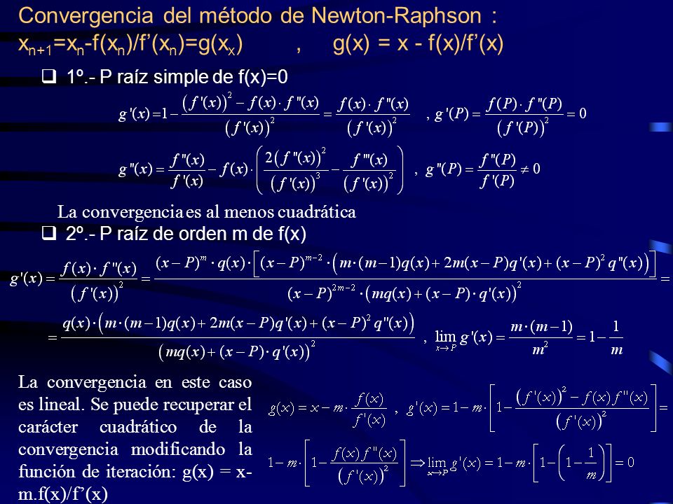 Convergencia del método de Newton-Raphson : xn+1=xn-f(xn)/f’(xn)=g(xx) , g(x) = x - f(x)/f’(x)