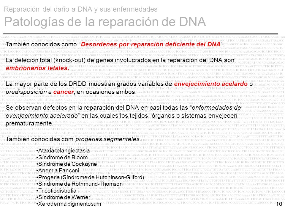 Reparación del daño a DNA y sus enfermedades Patologías de la reparación de DNA