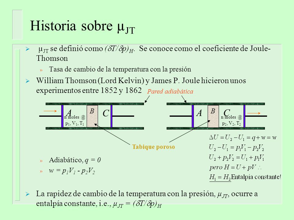 Historia sobre µJT µJT se definió como (dT/dp)H. Se conoce como el coeficiente de Joule-Thomson. Tasa de cambio de la temperatura con la presión.