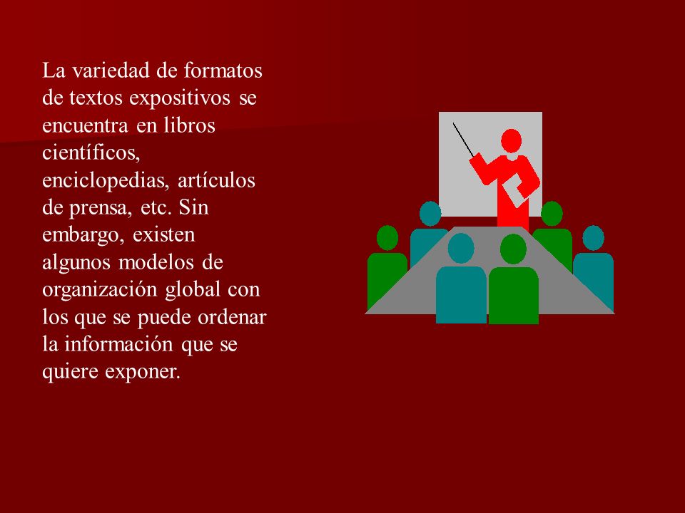 La variedad de formatos de textos expositivos se encuentra en libros científicos, enciclopedias, artículos de prensa, etc.