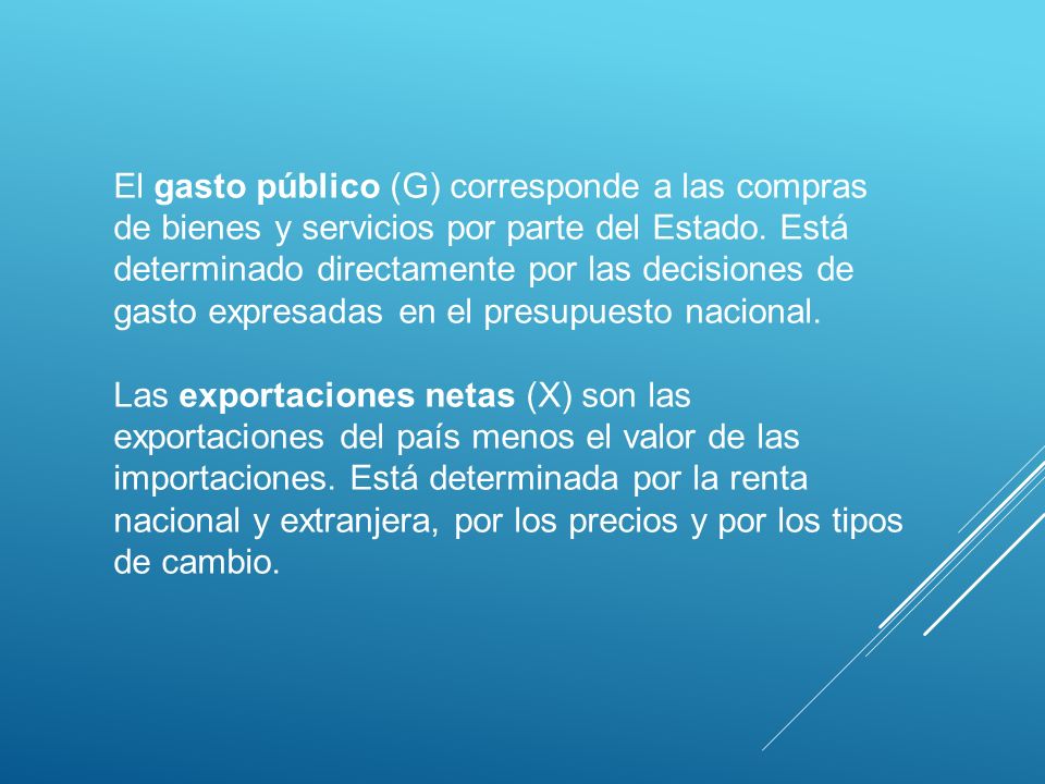 El gasto público (G) corresponde a las compras de bienes y servicios por parte del Estado. Está determinado directamente por las decisiones de gasto expresadas en el presupuesto nacional.