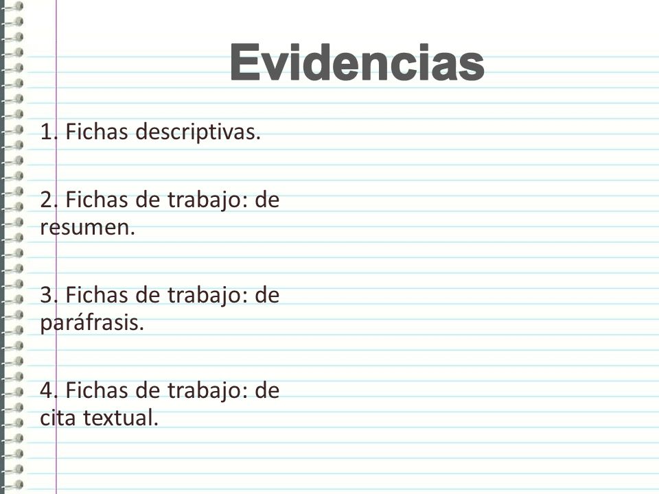Evidencias 1. Fichas descriptivas. 2. Fichas de trabajo: de resumen.