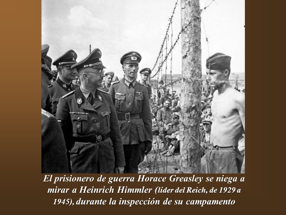 El prisionero de guerra Horace Greasley se niega a mirar a Heinrich Himmler (líder del Reich, de 1929 a 1945), durante la inspección de su campamento