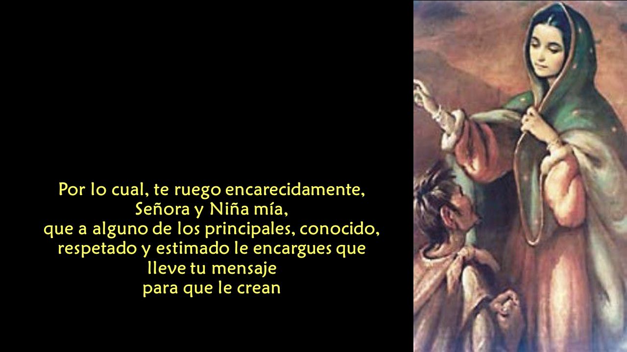 Por lo cual, te ruego encarecidamente, Señora y Niña mía, que a alguno de los principales, conocido, respetado y estimado le encargues que lleve tu mensaje para que le crean