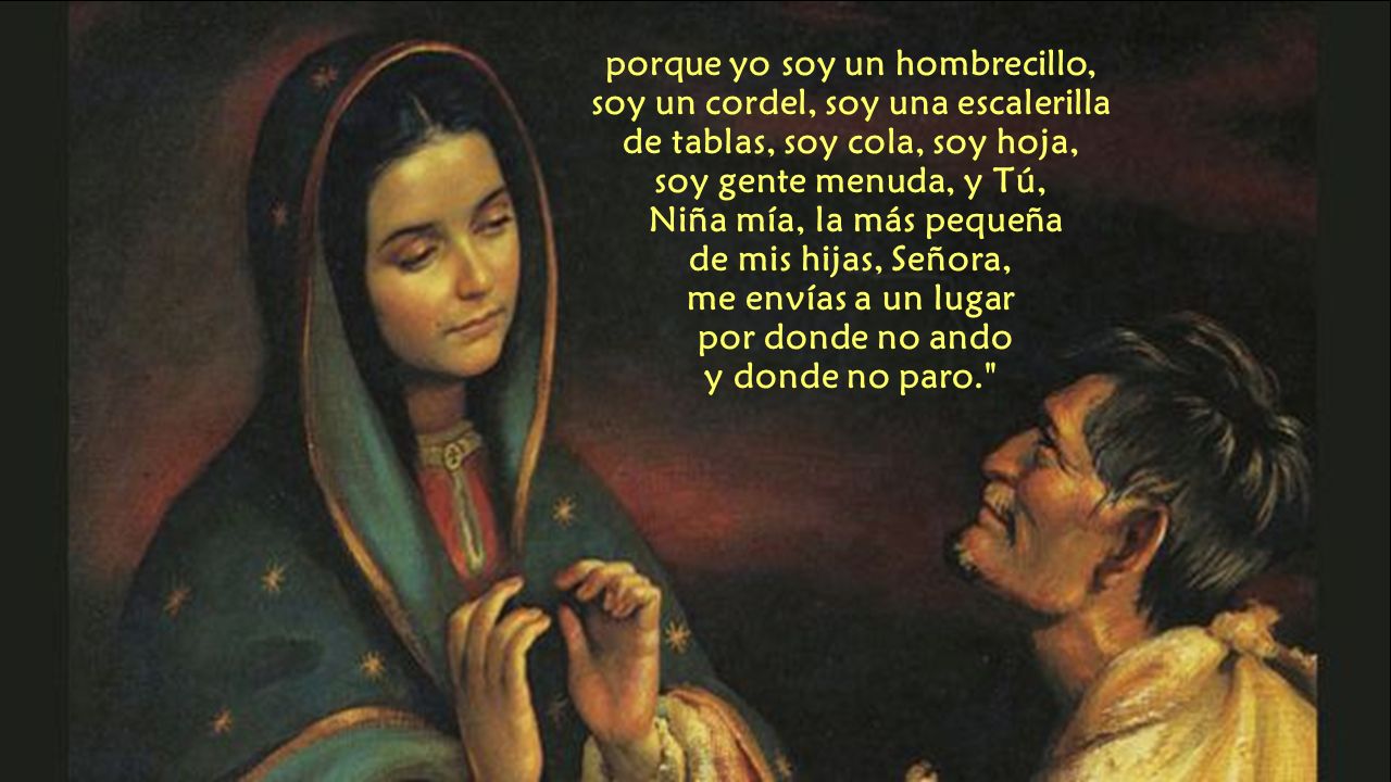 porque yo soy un hombrecillo, soy un cordel, soy una escalerilla de tablas, soy cola, soy hoja, soy gente menuda, y Tú, Niña mía, la más pequeña de mis hijas, Señora, me envías a un lugar por donde no ando y donde no paro.