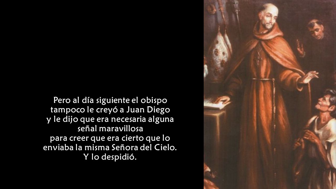 Pero al día siguiente el obispo tampoco le creyó a Juan Diego y le dijo que era necesaria alguna señal maravillosa para creer que era cierto que lo enviaba la misma Señora del Cielo.
