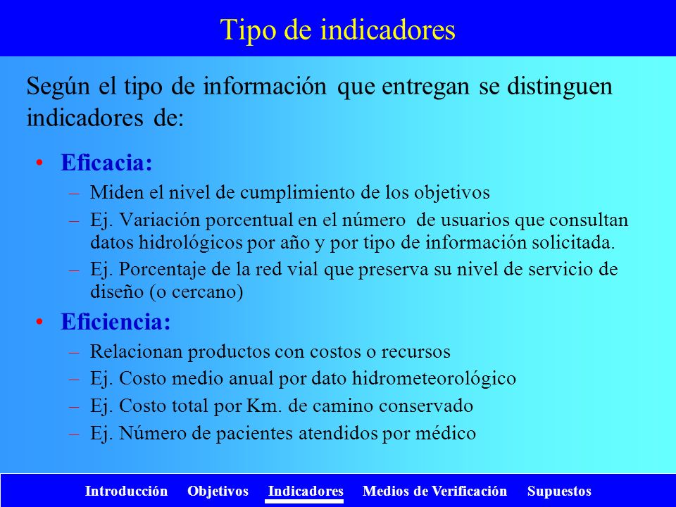 Tipo de indicadores Según el tipo de información que entregan se distinguen indicadores de: Eficacia: