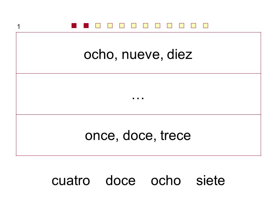 1 ocho, nueve, diez … once, doce, trece cuatro doce ocho siete