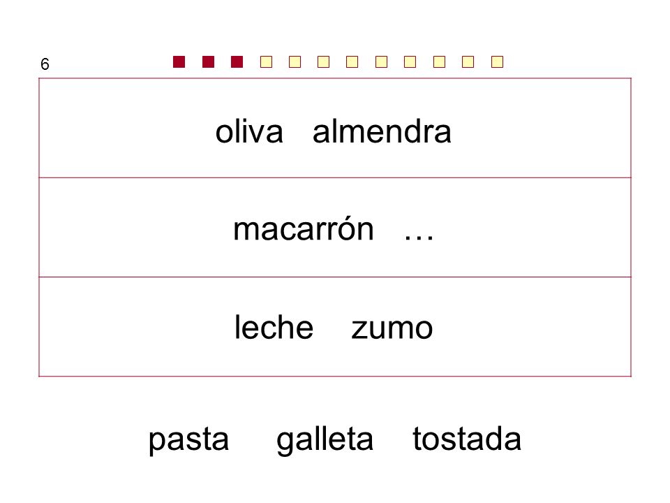 6 oliva almendra macarrón … leche zumo pasta galleta tostada