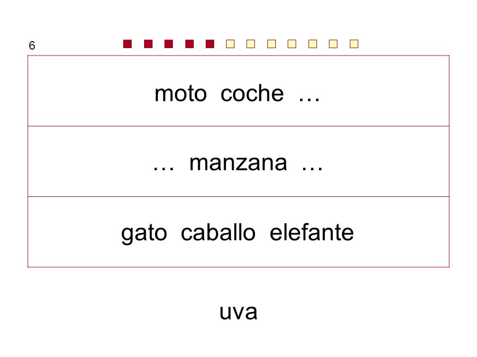 6 moto coche … … manzana … gato caballo elefante uva