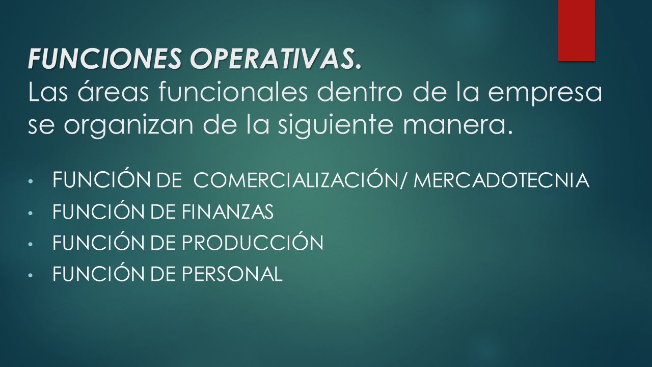 FUNCIONES OPERATIVAS. Las áreas funcionales dentro de la empresa se organizan de la siguiente manera.