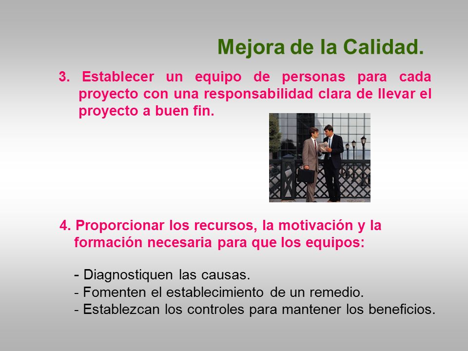 Mejora de la Calidad. 3. Establecer un equipo de personas para cada proyecto con una responsabilidad clara de llevar el proyecto a buen fin.