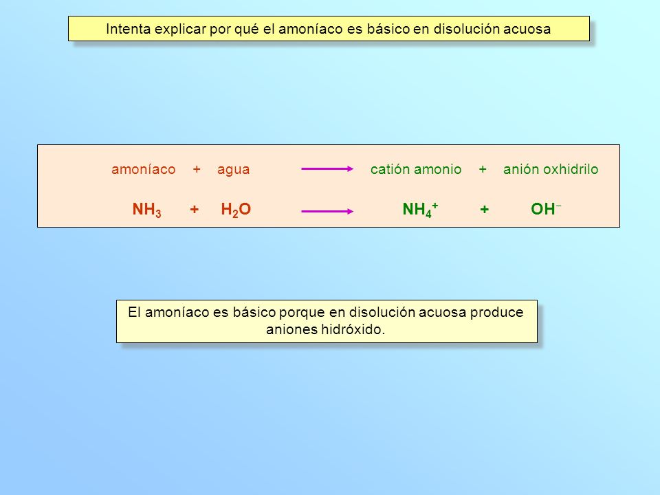 Intenta explicar por qué el amoníaco es básico en disolución acuosa