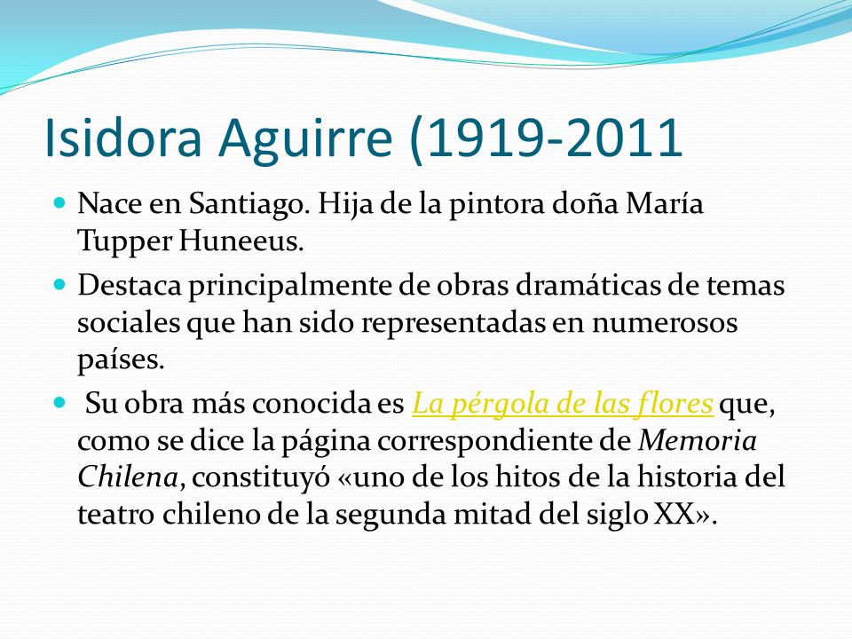 Isidora Aguirre ( Nace en Santiago. Hija de la pintora doña María Tupper Huneeus.