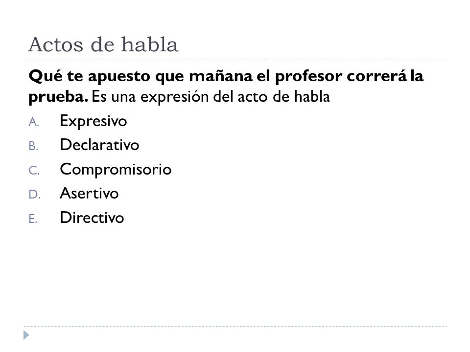 Actos de habla Qué te apuesto que mañana el profesor correrá la prueba. Es una expresión del acto de habla.