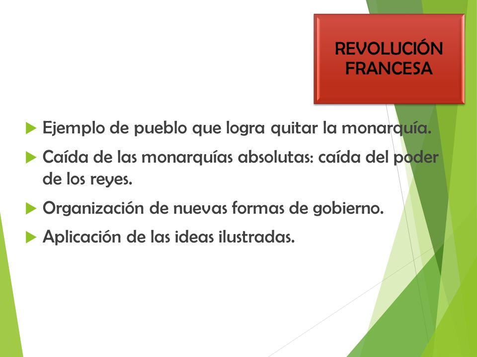 REVOLUCIÓN FRANCESA Ejemplo de pueblo que logra quitar la monarquía. Caída de las monarquías absolutas: caída del poder de los reyes.