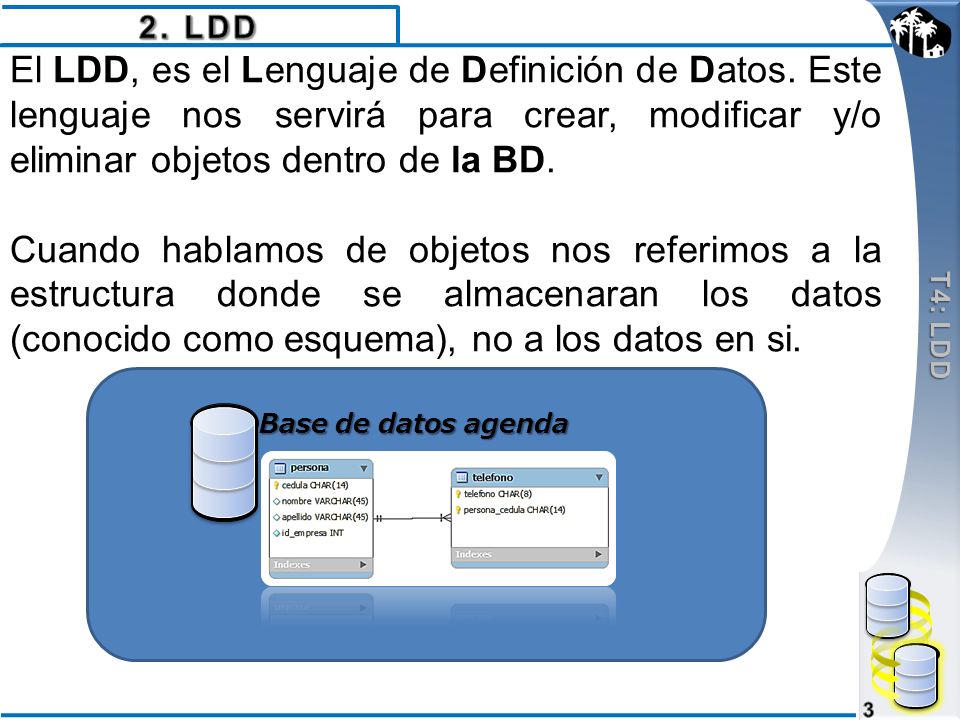 2. LDD T4: LDD. El LDD, es el Lenguaje de Definición de Datos. Este lenguaje nos servirá para crear, modificar y/o eliminar objetos dentro de la BD.