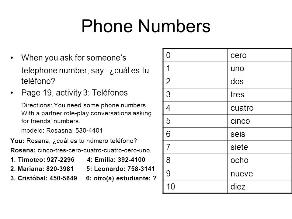 Phone Numbers cero 1 uno 2 dos 3 tres 4 cuatro 5 cinco 6 seis 7 siete