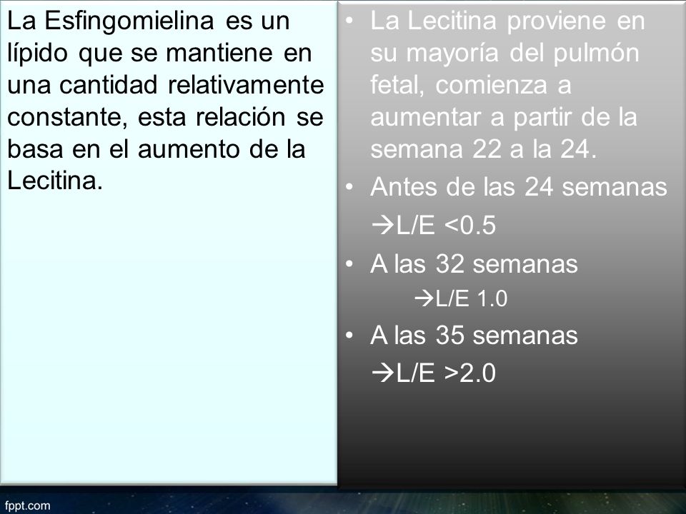 La Esfingomielina es un lípido que se mantiene en una cantidad relativamente constante, esta relación se basa en el aumento de la Lecitina.