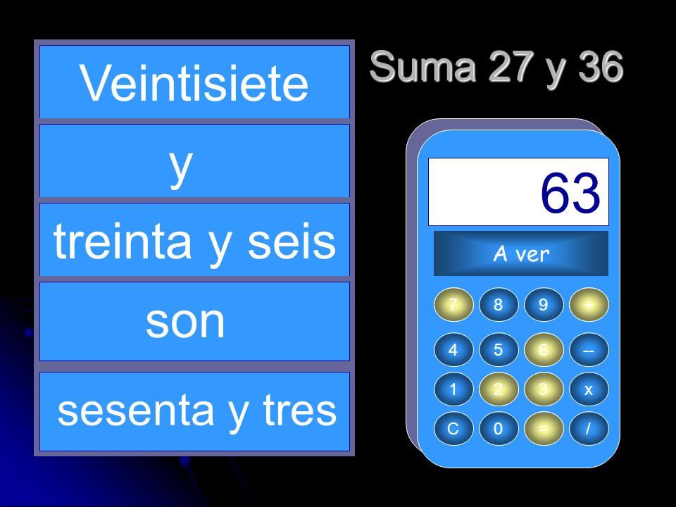 = Veintisiete y treinta y seis son sesenta y tres