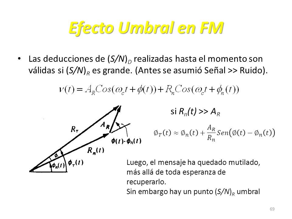 Efecto Umbral en FM Las deducciones de (S/N)D realizadas hasta el momento son válidas si (S/N)R es grande. (Antes se asumió Señal >> Ruido).