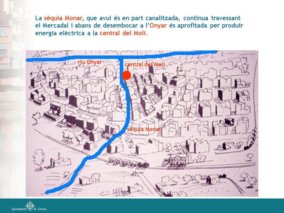 La sèquia Monar, que avui és en part canalitzada, continua travessant el Mercadal i abans de desembocar a l’Onyar és aprofitada per produir energia elèctrica a la central del Molí.