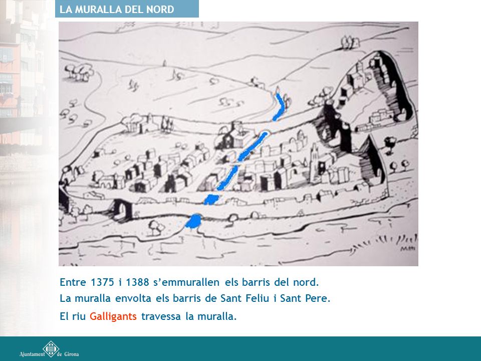 LA MURALLA DEL NORD Entre 1375 i 1388 s’emmurallen els barris del nord. La muralla envolta els barris de Sant Feliu i Sant Pere.