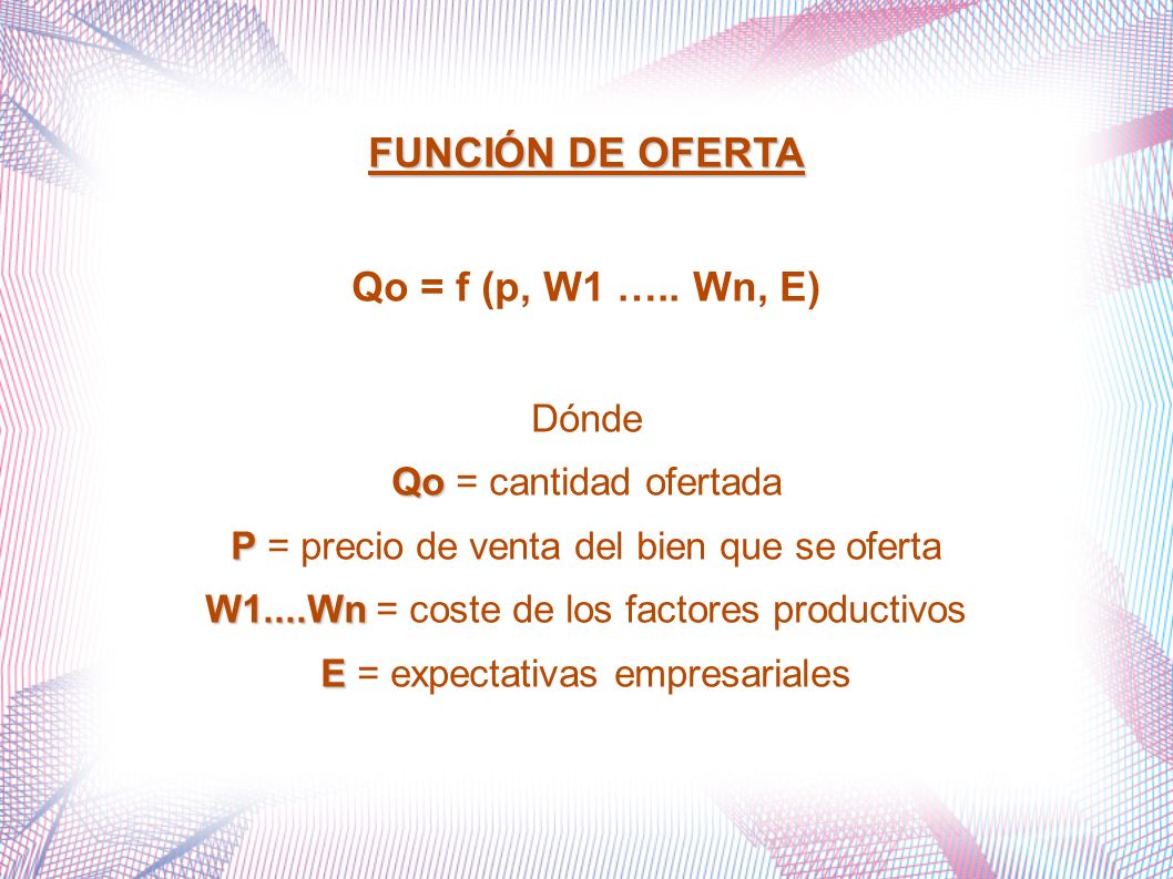 FUNCIÓN DE OFERTA Qo = f (p, W1 ….. Wn, E)