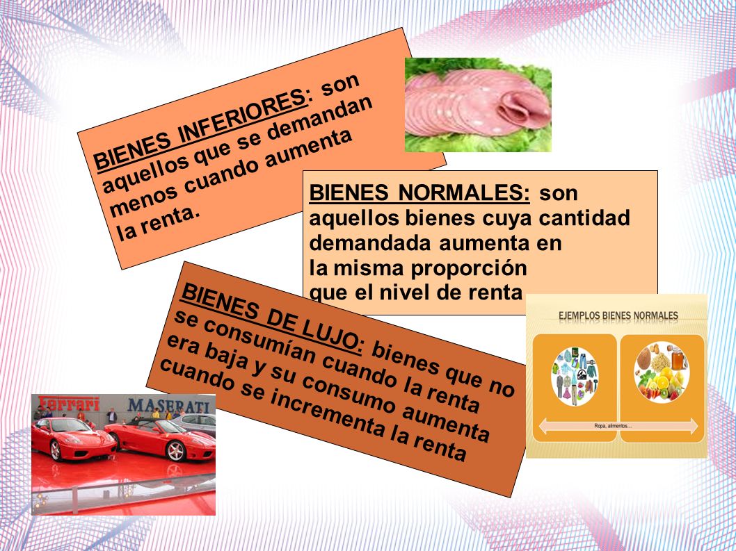 BIENES INFERIORES: son aquellos que se demandan menos cuando aumenta