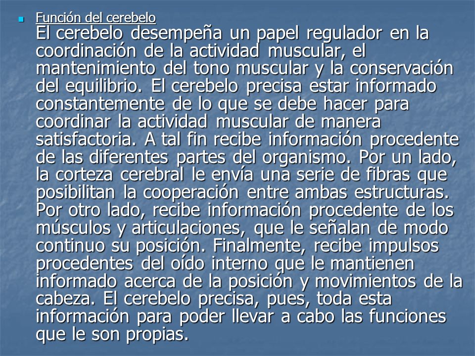 Función del cerebelo El cerebelo desempeña un papel regulador en la coordinación de la actividad muscular, el mantenimiento del tono muscular y la conservación del equilibrio.