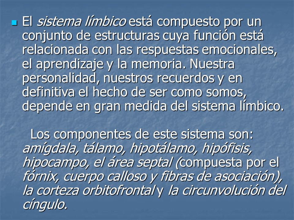 El sistema límbico está compuesto por un conjunto de estructuras cuya función está relacionada con las respuestas emocionales, el aprendizaje y la memoria.
