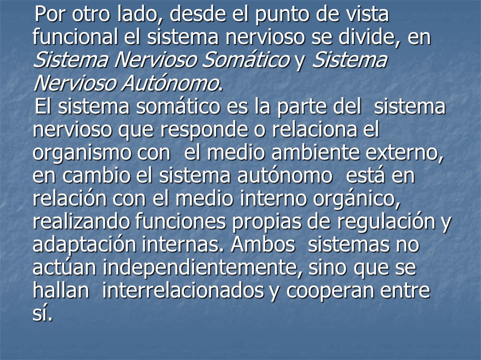 Por otro lado, desde el punto de vista funcional el sistema nervioso se divide, en Sistema Nervioso Somático y Sistema Nervioso Autónomo.
