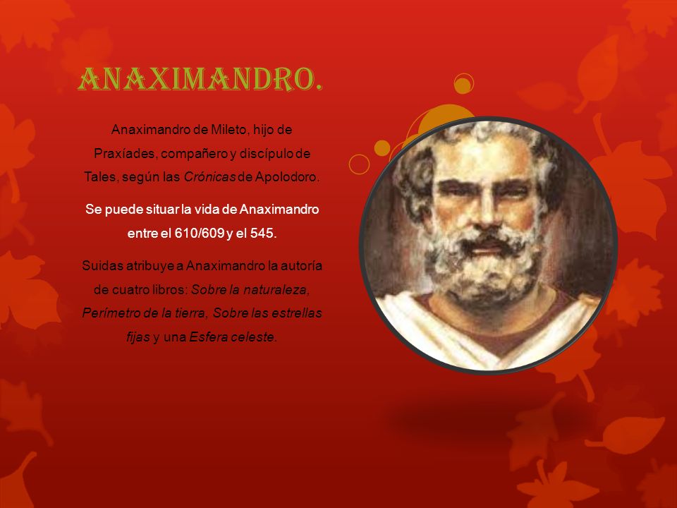 Se puede situar la vida de Anaximandro entre el 610/609 y el 545.
